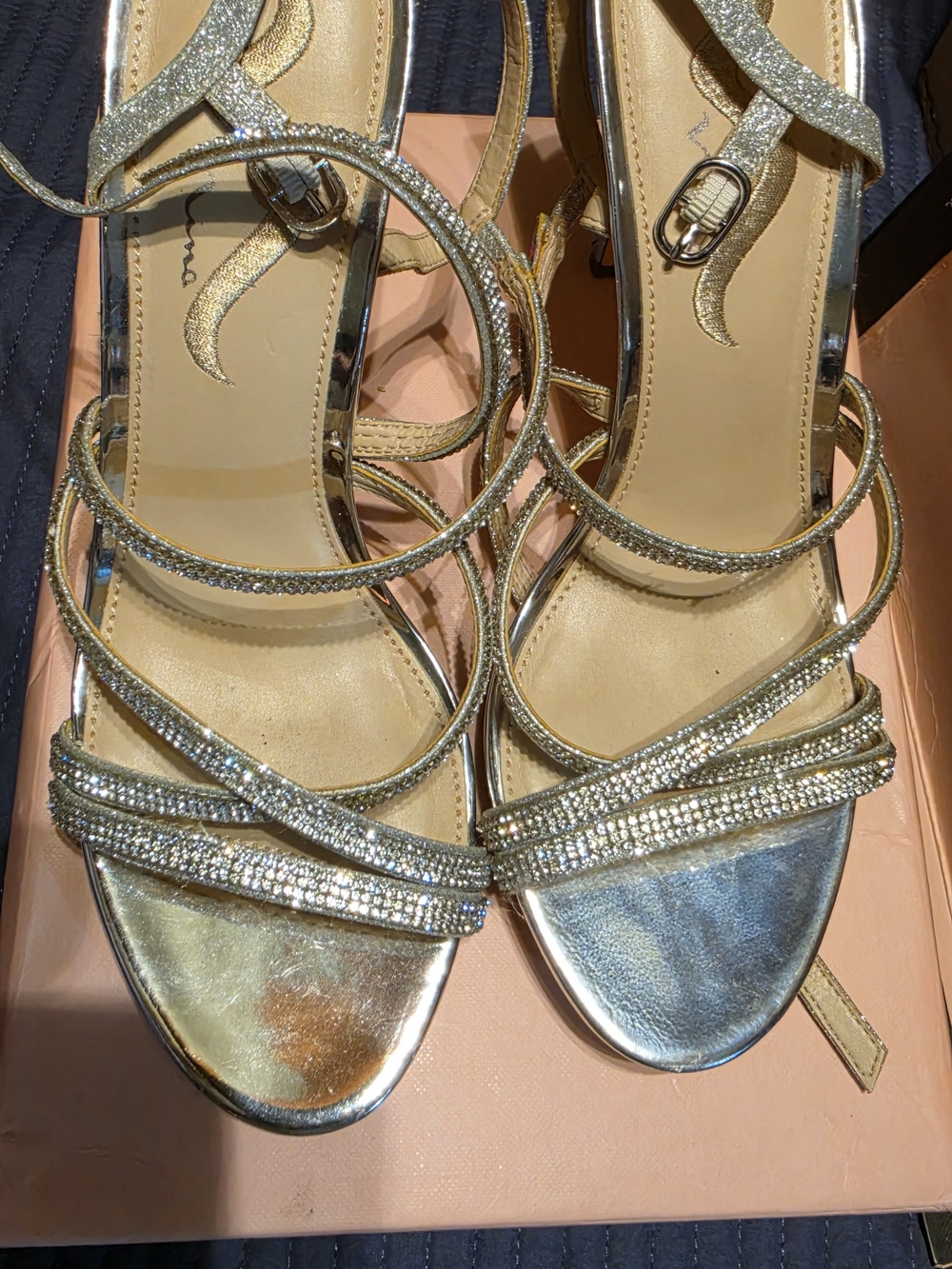 Nina Silver Metallic Strappy Heeled Sandals with Rhinestones